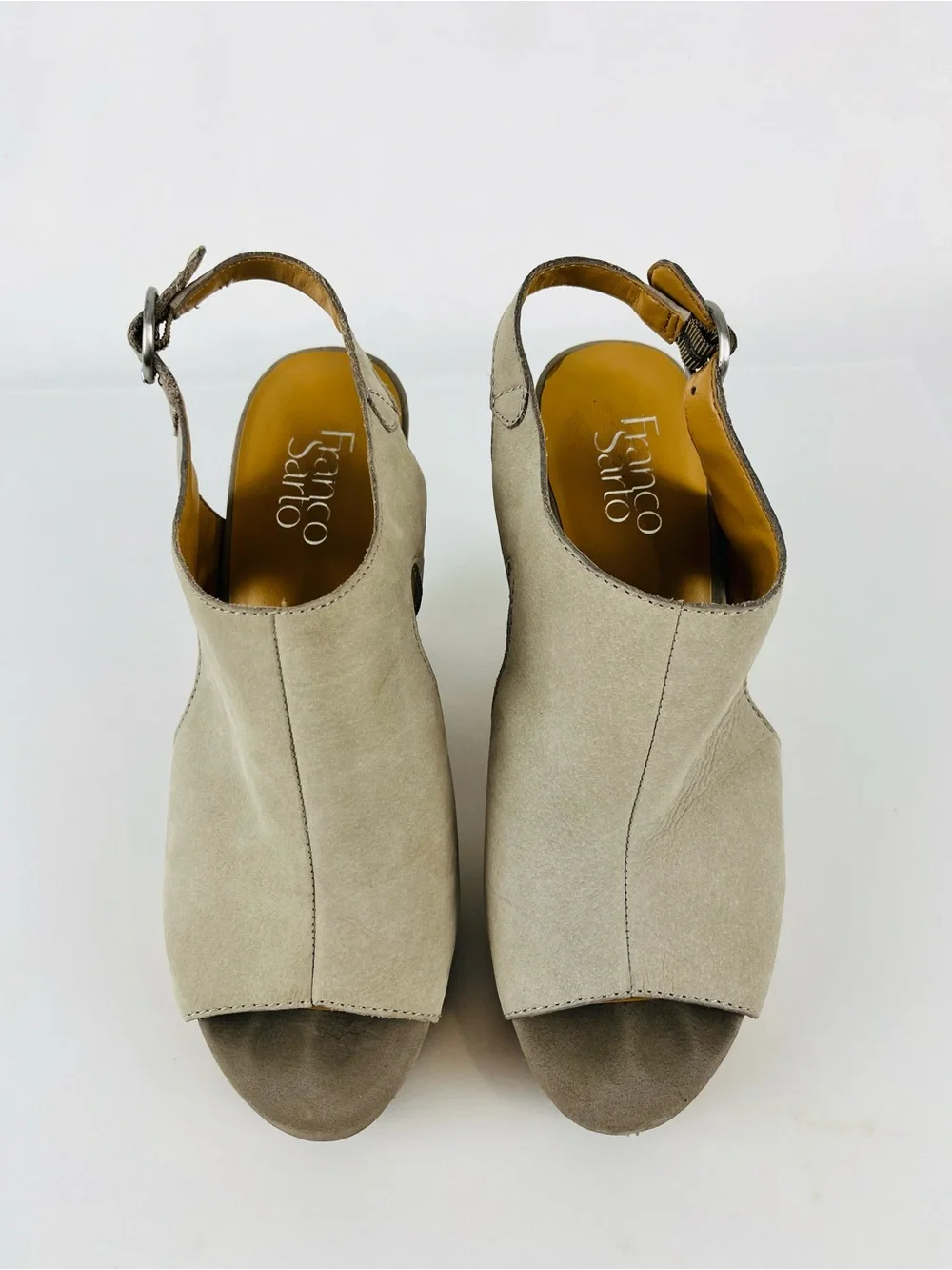 Franco Sarto Gabriel Peep Toe Suede Leather Wedge Sandal Taupe Gray Tan Size 8.5